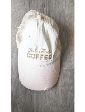 But First Coffee Embellished Mesh Baseball Cap - White & Light Pink